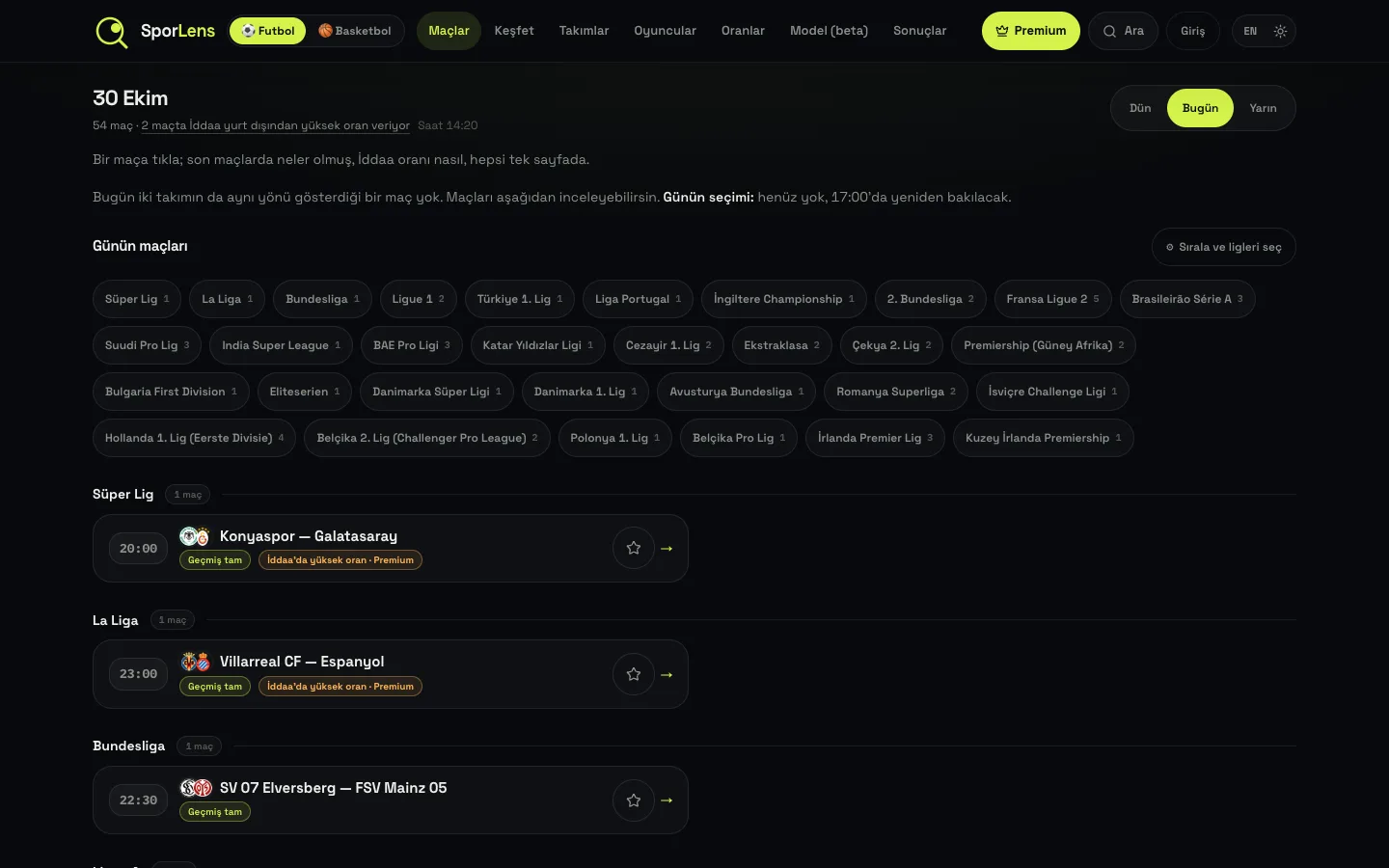 SporLens home page: today's matches listed by league