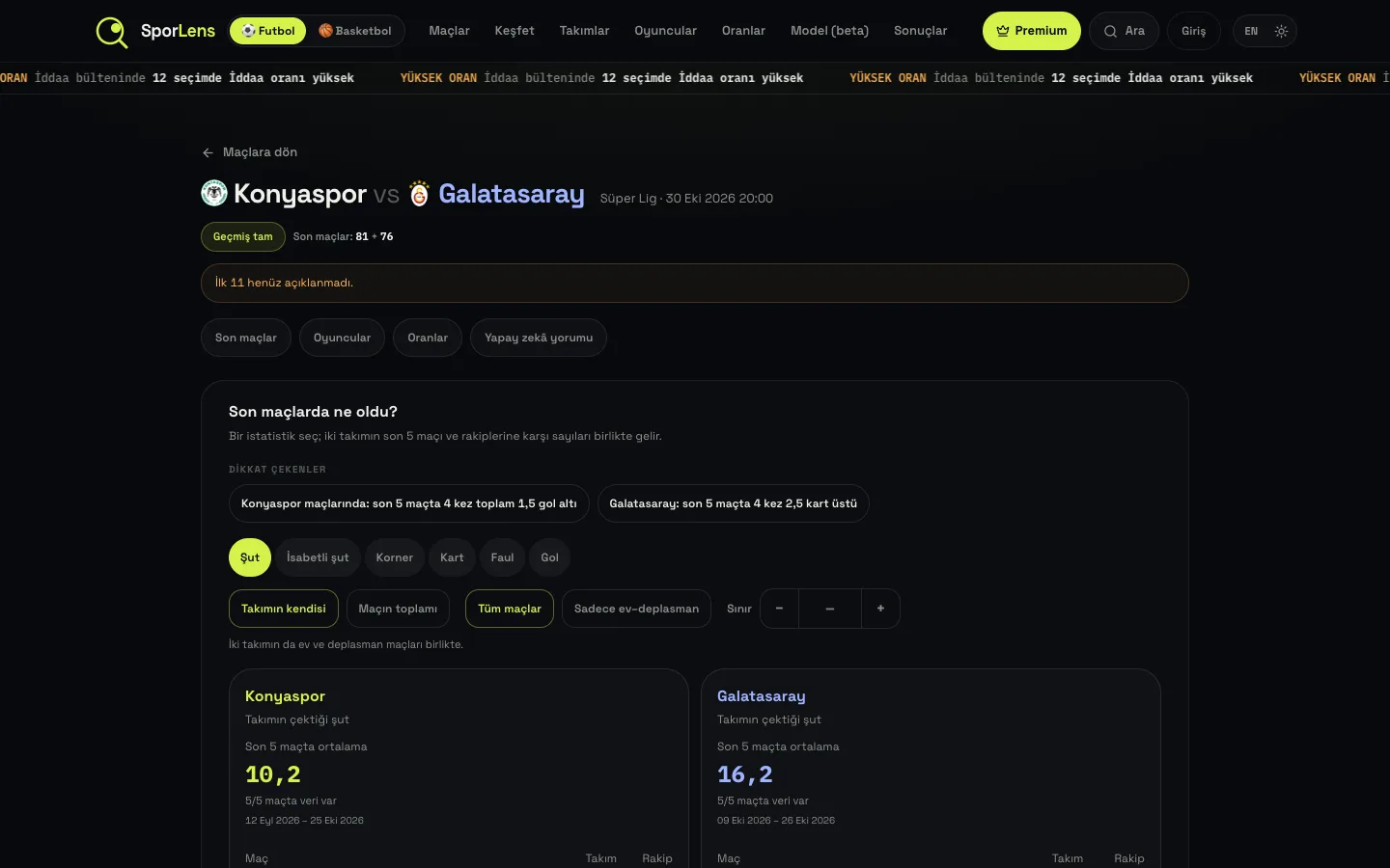 SporLens match page: Konyaspor and Galatasaray recent stats side by side